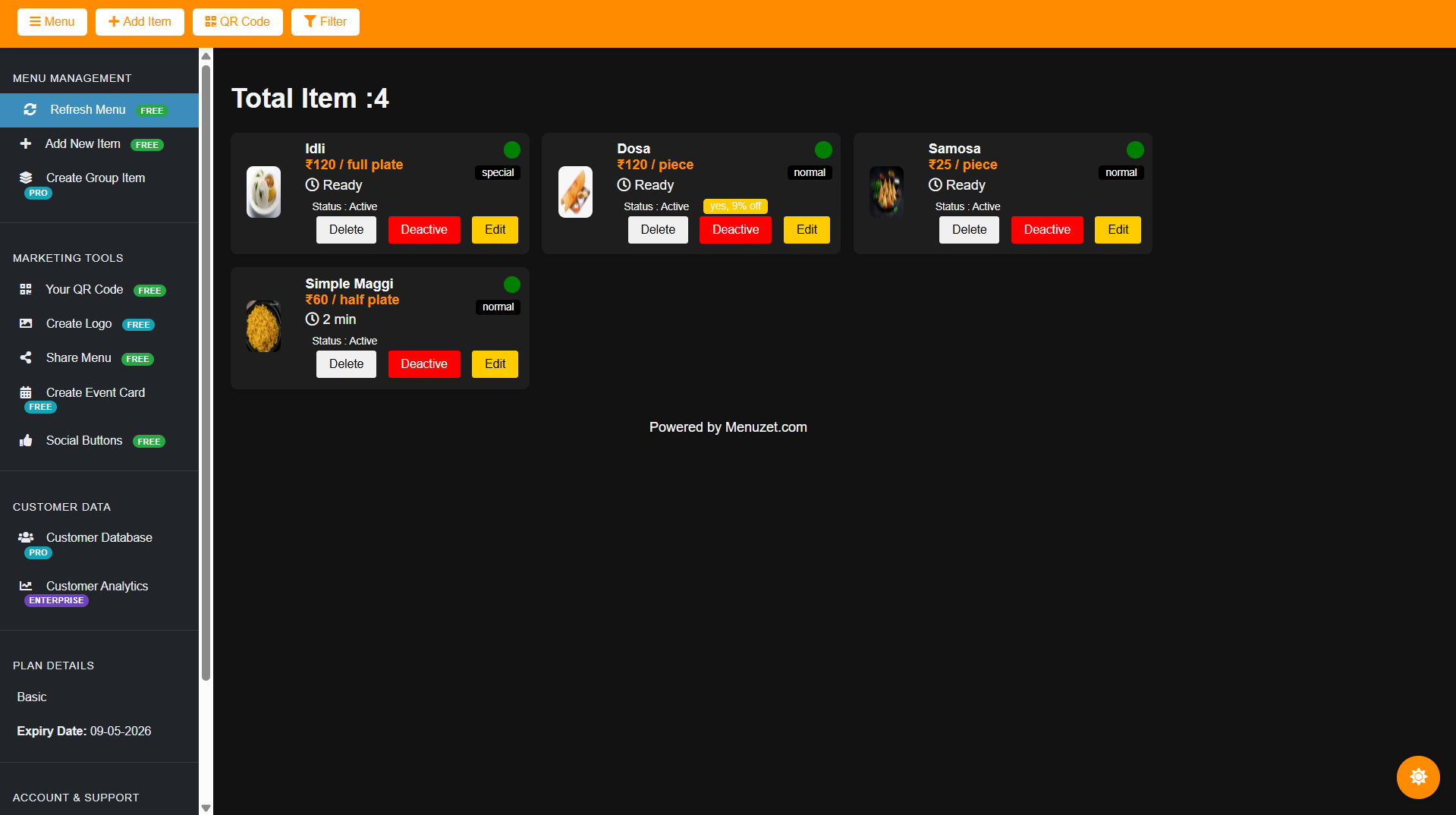 Menuzet dashboard preview